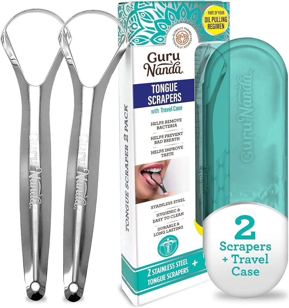 GuruNanda Tongue Scraper for Adults (2 Pack) with Travel Case, 420 Medical-Grade 100% Stainless S... | Amazon (US)