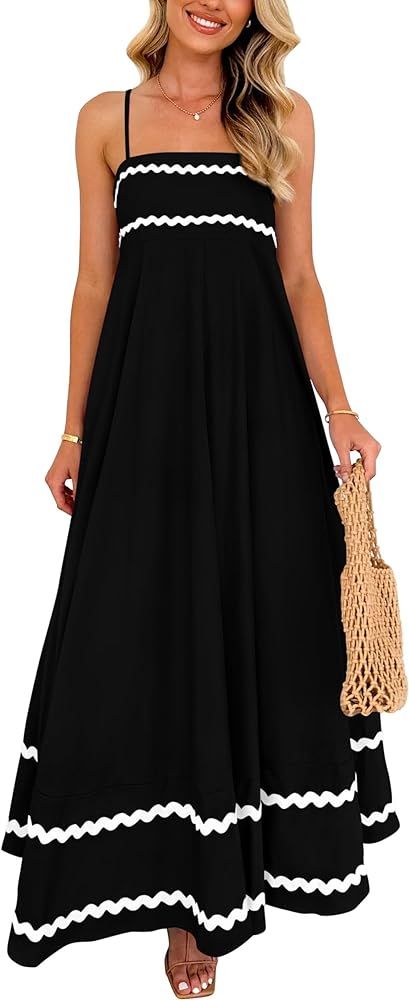 PRETTYGARDEN Women's 2024 Summer Flowy Maxi Dress Casual Sleeveless Spaghetti Strap Ruffle Beach ... | Amazon (US)