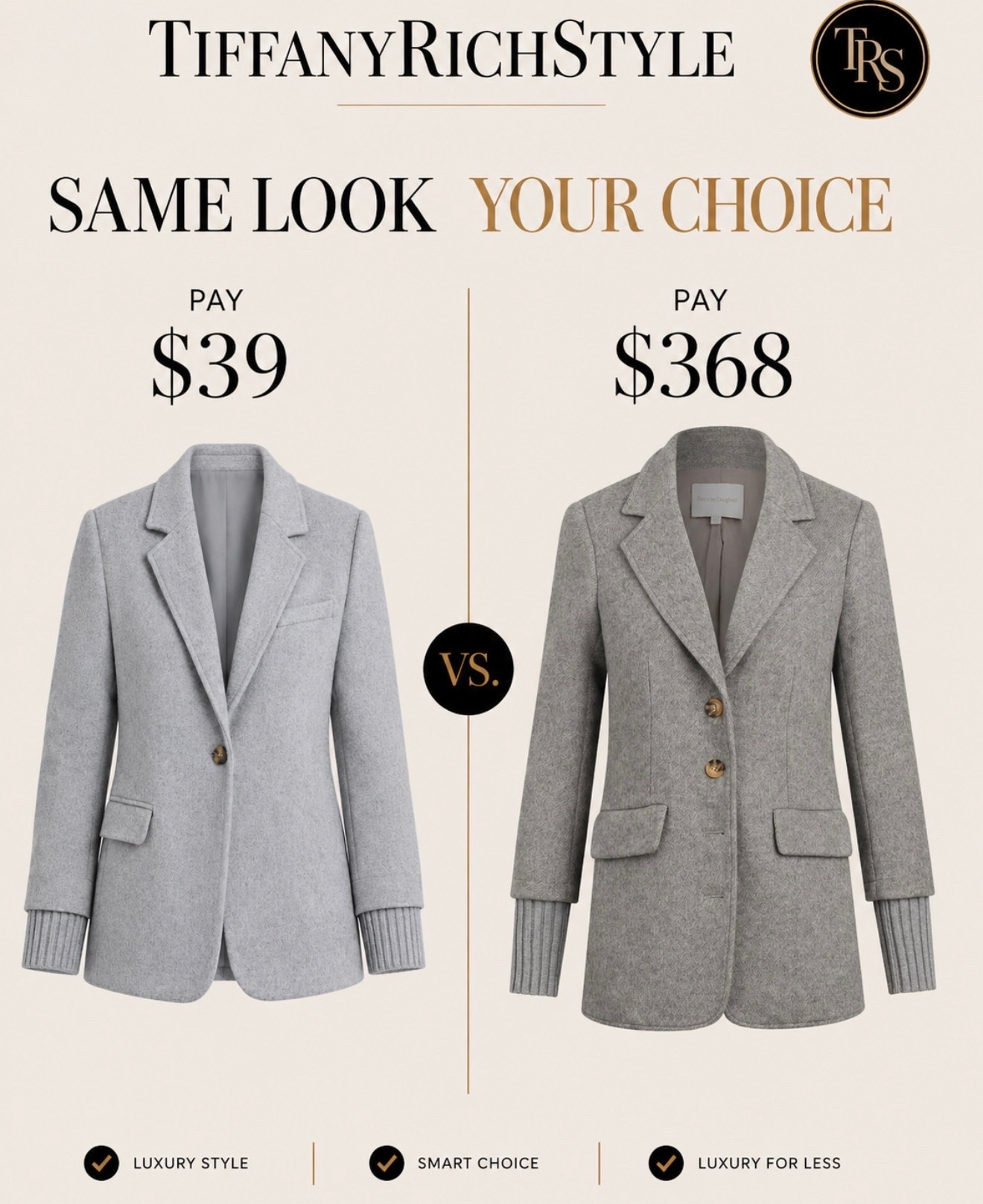 Same look, very different price!!!

$39 vs $368 — which gray blazer are you choosing

A polished blazer is one of my favorite ways to instantly elevate jeans, trousers or a simple dress

#tiffanyrichstyle #midsizestyle #affordablefashion #styleover40 #luxuryforless