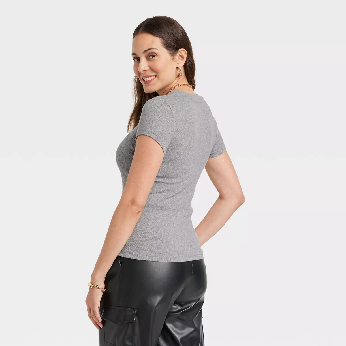 Women's Slim Fit Short Sleeve Ribbed T-Shirt - A New Day™ Heather Gray L | Target