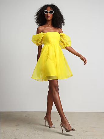 organza puff-sleeve dress | New York & Company