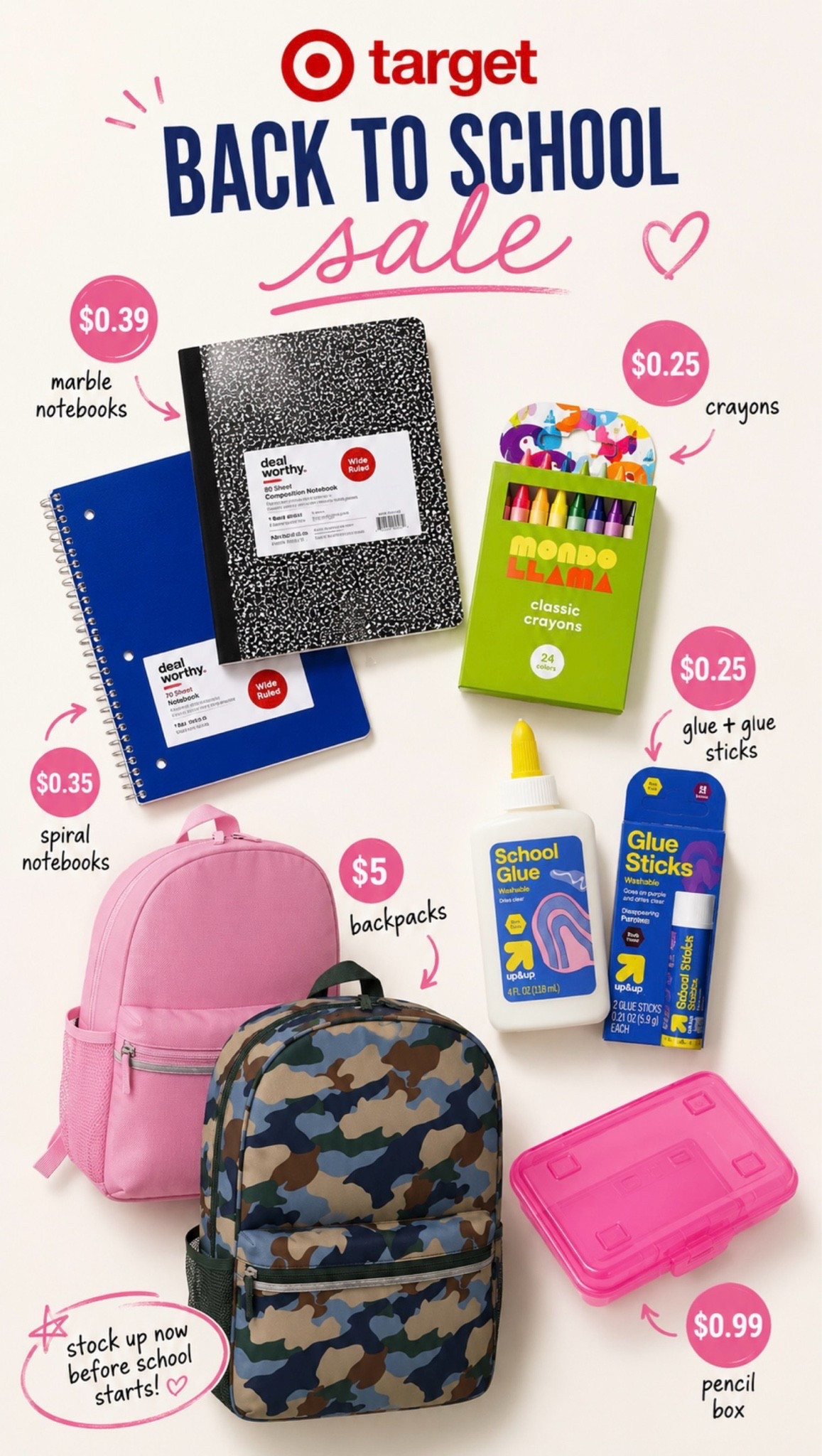 The Target back-to-school sale is SO good right now! 🎒📚 Get ahead of your back to school shopping now because these deals are too good.
✨ Marble notebooks – $0.39
 ✨ Spiral notebooks – $0.35
 ✨ Crayons – $0.25
 ✨ Glue & glue sticks – $0.25
 ✨ Pencil boxes – $0.99
 ✨ Backpacks – $5
And so much more!!  Linking everything you need ❤️
@target #targetpartner #ad #target

#LTKSaleAlert #LTKKids #LTKOver40