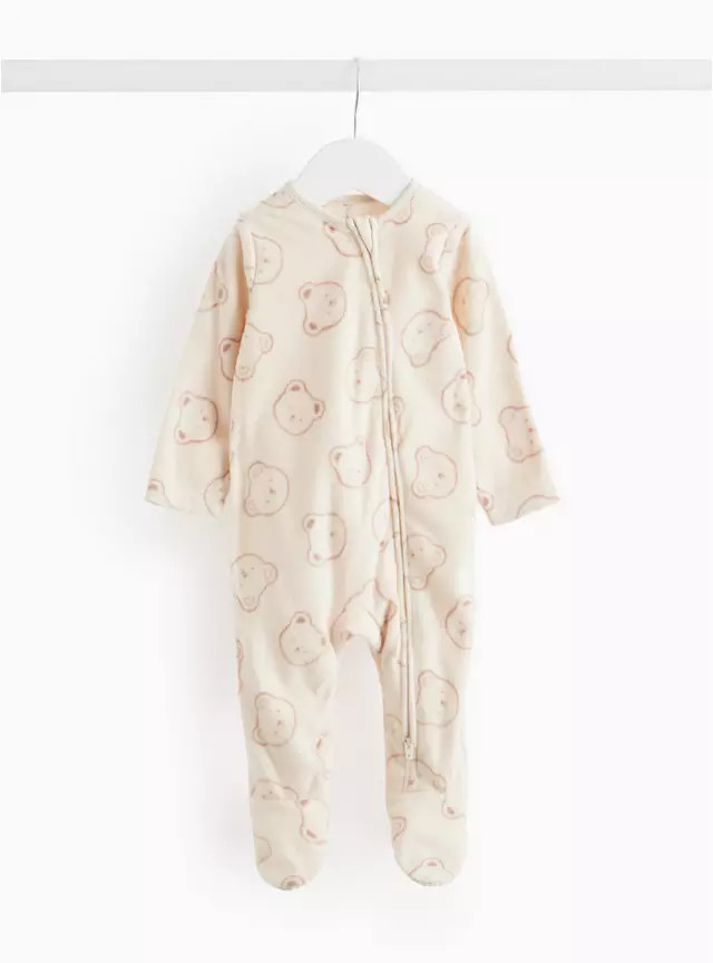 Beige Bear Face Print Fleece Sleepsuit  6-9 months | Tu Clothing