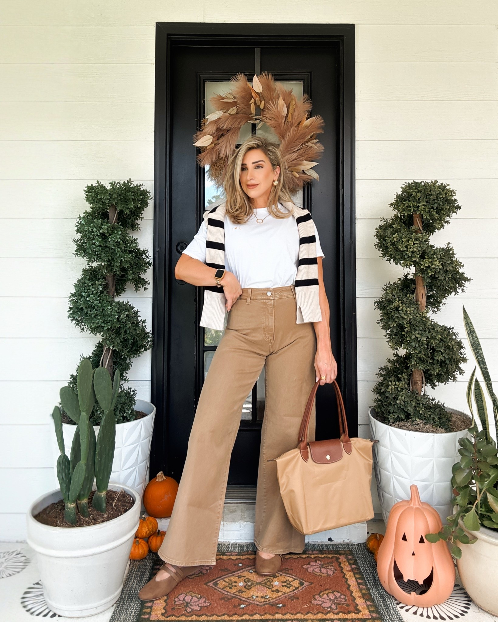 Casual fall ootd. 🍁 

Fall outfit ideas, fall outfit with jeans, fall street style, stripe sweater, brown denim, ballet flats, le pliage tote bag

#LTKOver40 #LTKStyleTip #LTKFindsUnder100