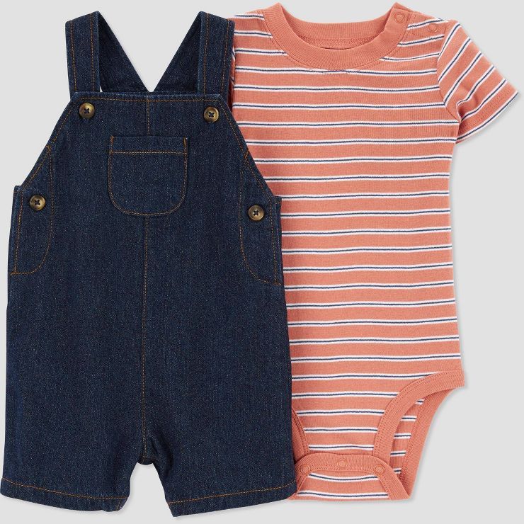 Carter's Just One You®️ Baby Girls' Striped Chambray Shortalls Top and Bottom Set - Orange/Blu... | Target