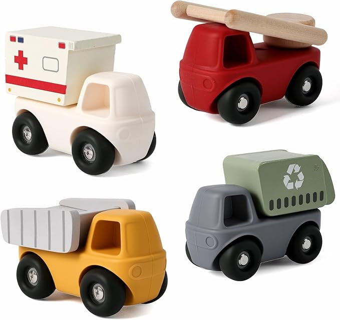 DIY Toy Cars Set for Kids - 4 Vehicles 16 Mix & Match with Silicone Base & Wooden Body (Fire Engi... | Amazon (US)