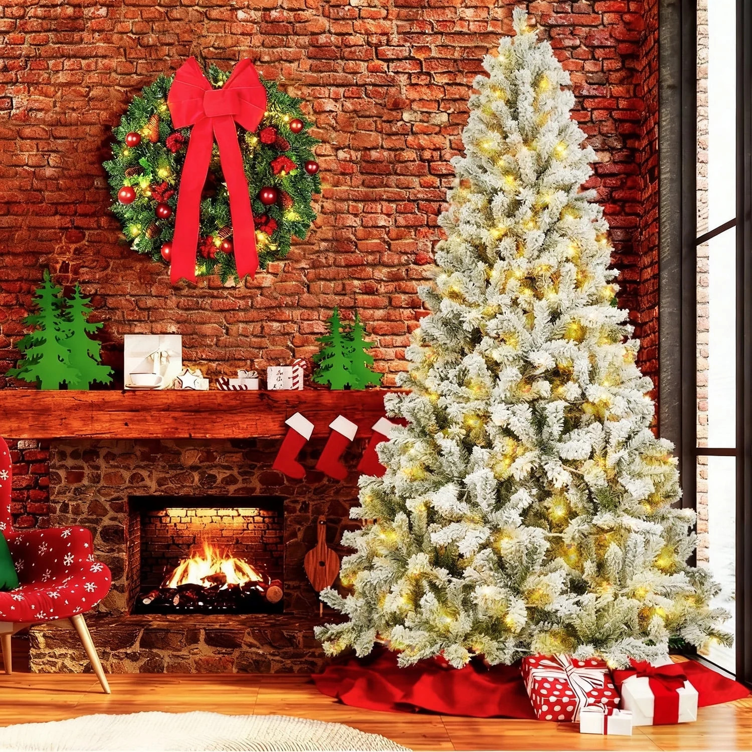 Qunler 7ft Pre-Lit Artificial Snow Flocked Full Christmas Tree with 300 LED Warm White & Multicol... | Walmart (US)