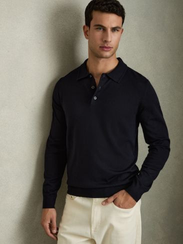 Merino Wool Polo Shirt in Navy | Reiss UK