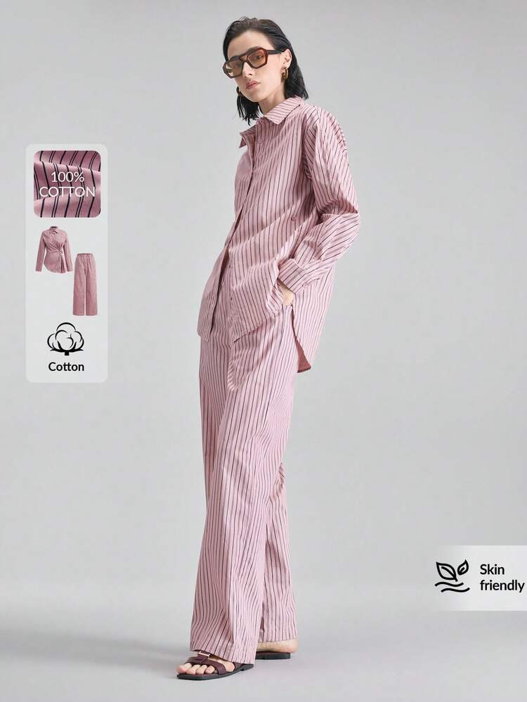 Ontre 2026SS New Arrival Spring/Summer Women's Plum Pink & Blue Matching Set, Featuring Dropped Shoulder Long Sleeve Blouse And Straight Leg Pants, Elegant Bridal Guest Outfit, Minimalist Romantic French Chic Luxury Urban Commuter High-Quality Airport Cruise Wear Middle East Essential | SHEIN