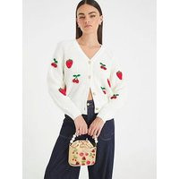 River Island Knitted Embroidered Strawberry Cardigan - Cream | Very (UK)