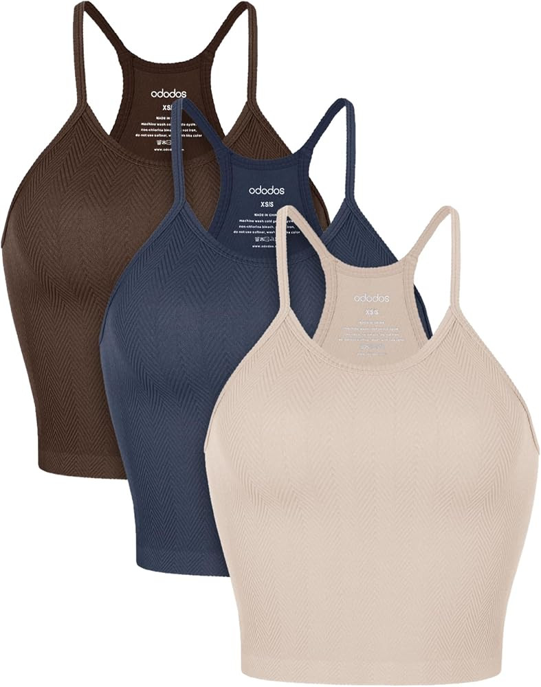 ODODOS Women's Crop 3-Pack Waffle/Herringbone Knit Seamless Camisole Cropped Tank Tops | Amazon (US)