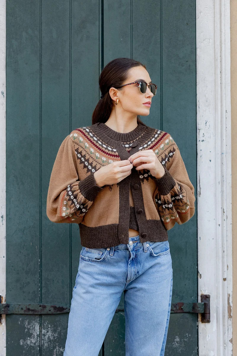 Barrel Sleeve Cardigan | Chocolate/Camel Fair Isle | SUE SARTOR