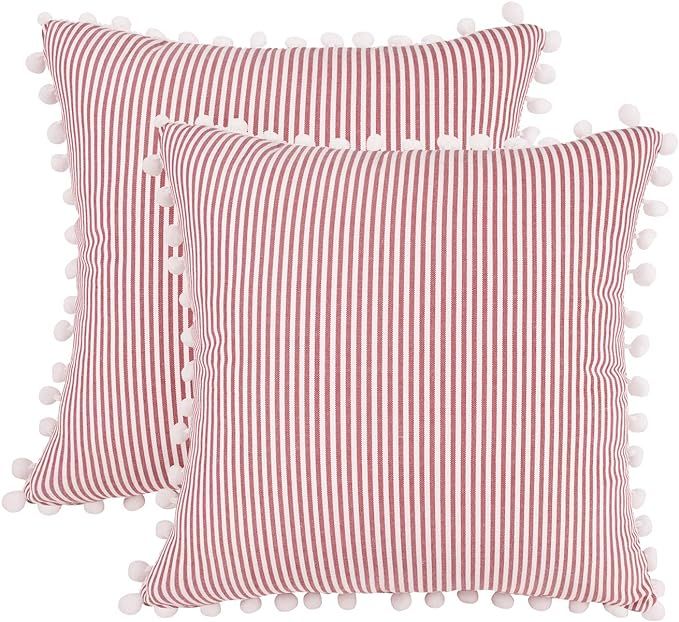JASEN Farmhouse Stripe Decorative Pillow Covers, Set of 2 Red and White Cotton Woven Decorative T... | Amazon (US)