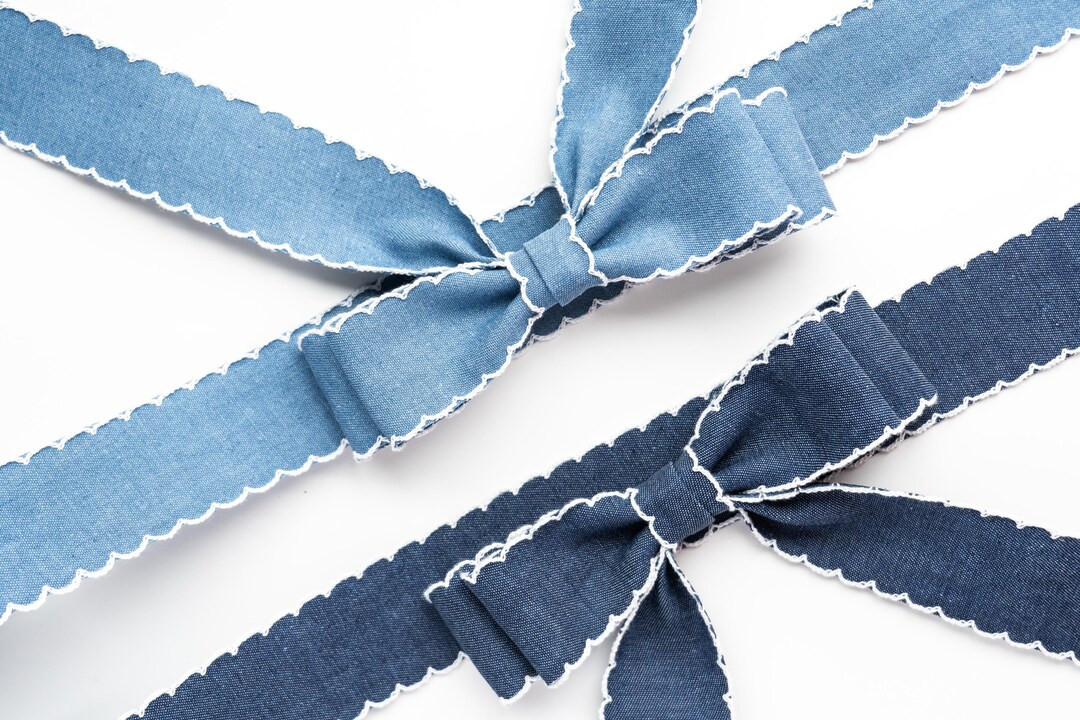 Denim Bow Barrette: Scalloped Edge Hair Bow with Tails | Etsy (US)