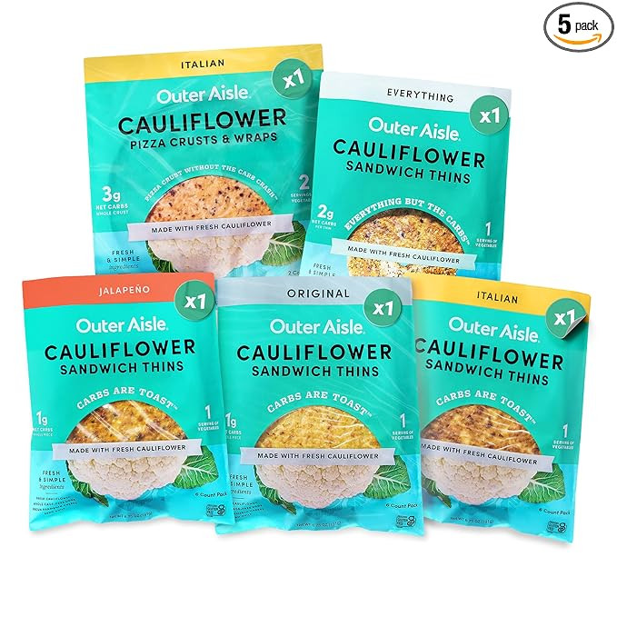 OUTER AISLE Cauliflower Bread and Pizza Crust Variety Pack | Keto, Low Carb, Gluten Free Cauliflo... | Amazon (US)