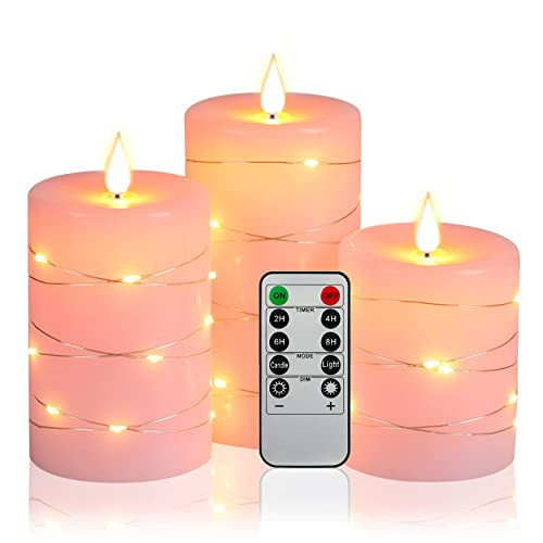 Upinmz Flickering Flameless Candles with Embedded String Lights, Battery Operated Candles with Remote Control and Timer,LED Candles for Home Decoration,Real Wax, 3 Pack Pink | Amazon (US)