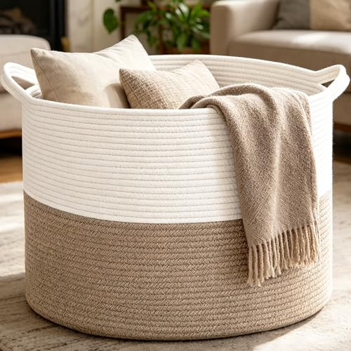 HZFTJOY Large Woven Blanket Basket,65L Cotton Rope Laundry Basket Hamper with Handles, Decorative Nursery Basket Storage Bin for Toys, Clothes Organizer, Living Room, Bedroom, Bathroom, White & Brown | Amazon (US)