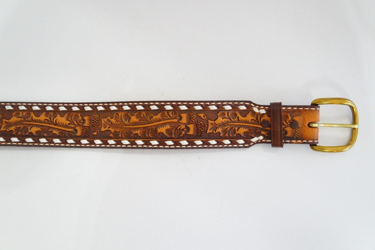 Vintage Tony Lama USA Made Brown Tooled Leather Western Belt Acorns Leaves Sz 28 | eBay US