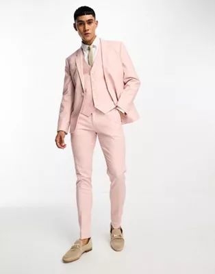 ASOS DESIGN skinny linen mix suit jacket in pastel pink | ASOS (Global)