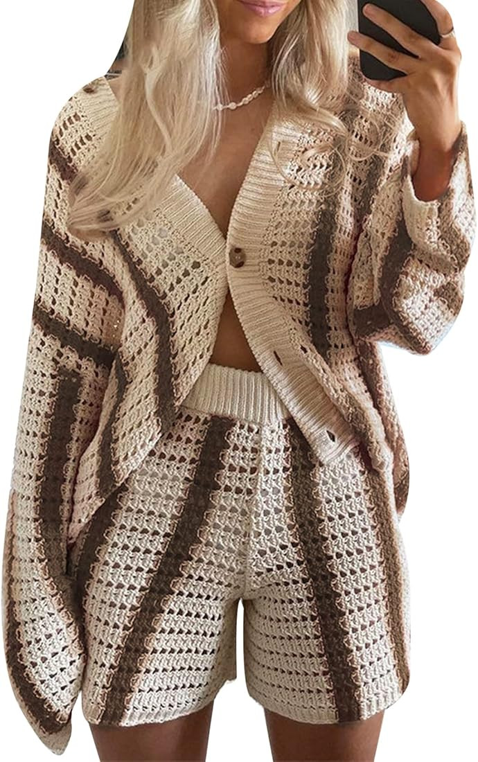 Gihuo Women' s Y2K 2 Piece Knit Outfits Striped Sweater Shorts Set Hollow Out Crochet | Amazon (US)