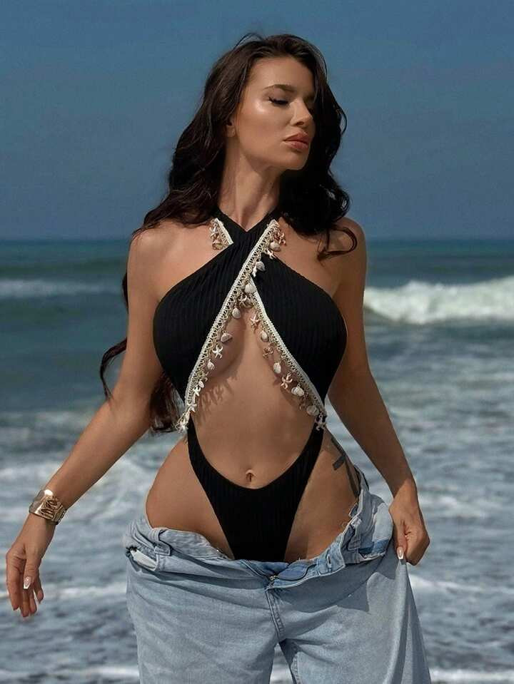 Swim SXY Women's Summer Vacation Sexy Beach Solid Color Textured Cross Front Hollow Back Shell Decor One-Piece Swimsuit | SHEIN