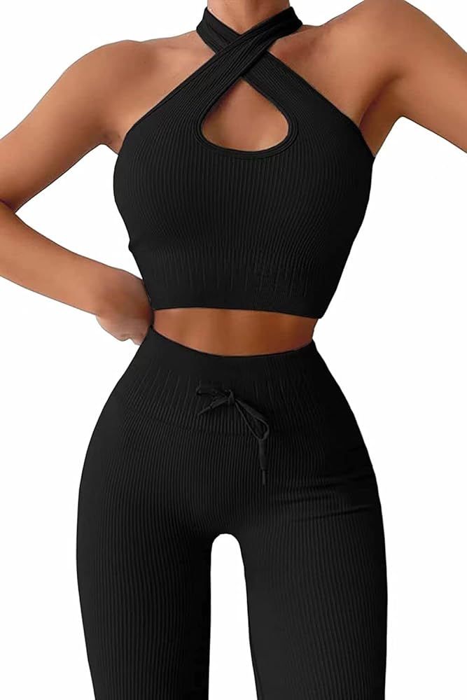 Seamless Ribbed Workout Sets for Women 2 Piece Halter Padded Crop Top High Waisted Leggings GMY Exer | Amazon (US)