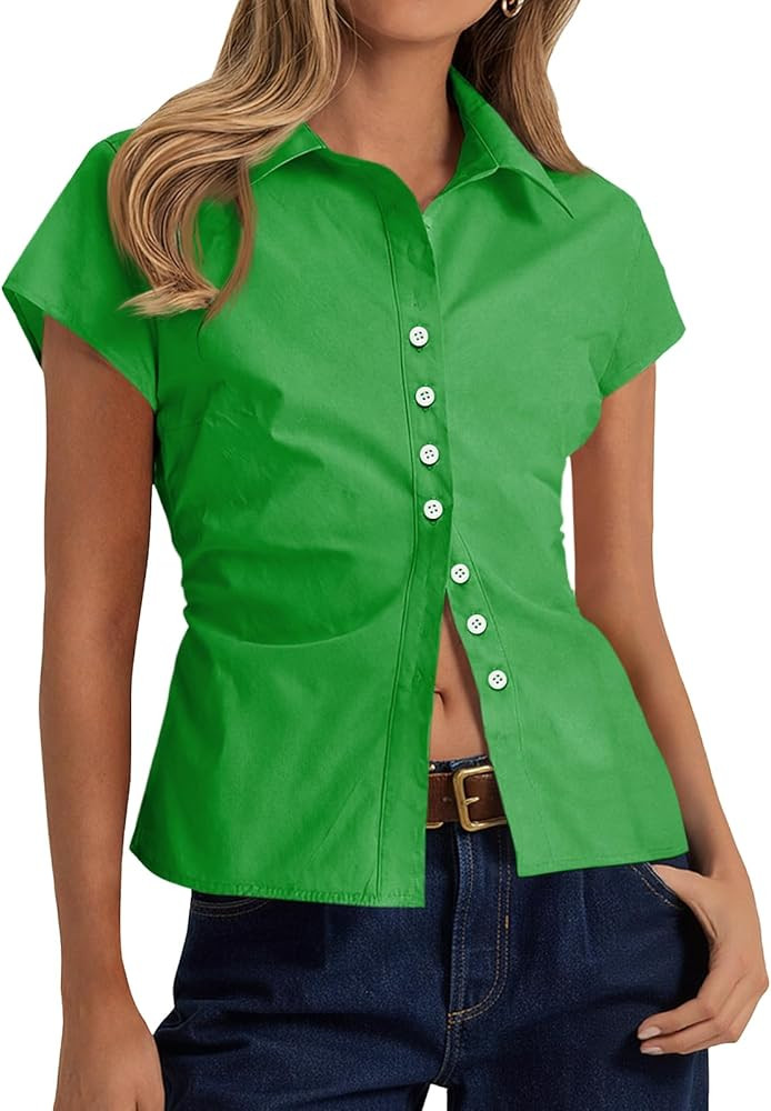 Cicy Bell Womens Summer Button Down Shirts Short Sleeve Slim Fit Petite Ruched Cotton Blouses Cut... | Amazon (US)