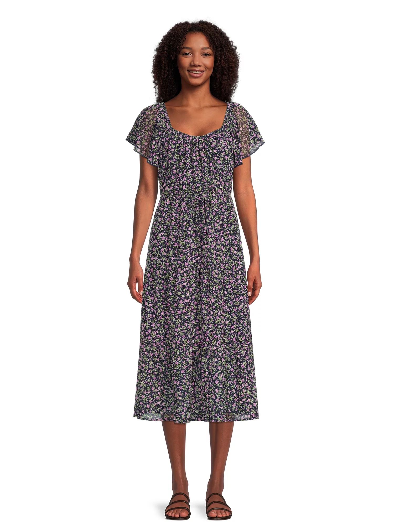 Time and Tru Women's Flutter Sleeve Tiered Dress | Walmart (US)