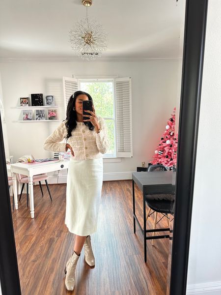Cream puff pink cardigan, white dress, paired with snakeskin booties

#LTKstyletip