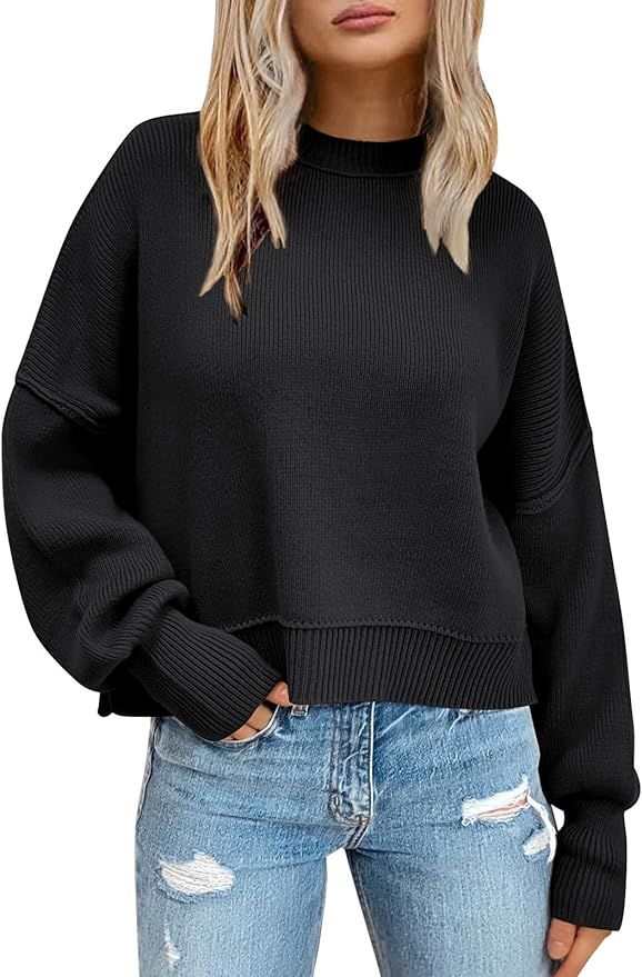 LILLUSORY Women's Crewneck Cropped Sweaters 2023 Fall Batwing Long Sleeve Cable Knit Side Slit Ov... | Amazon (US)
