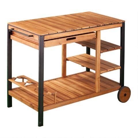 Acacia Wood and Black Metal 4 Tier Seymour Outdoor Bar Cart | World Market