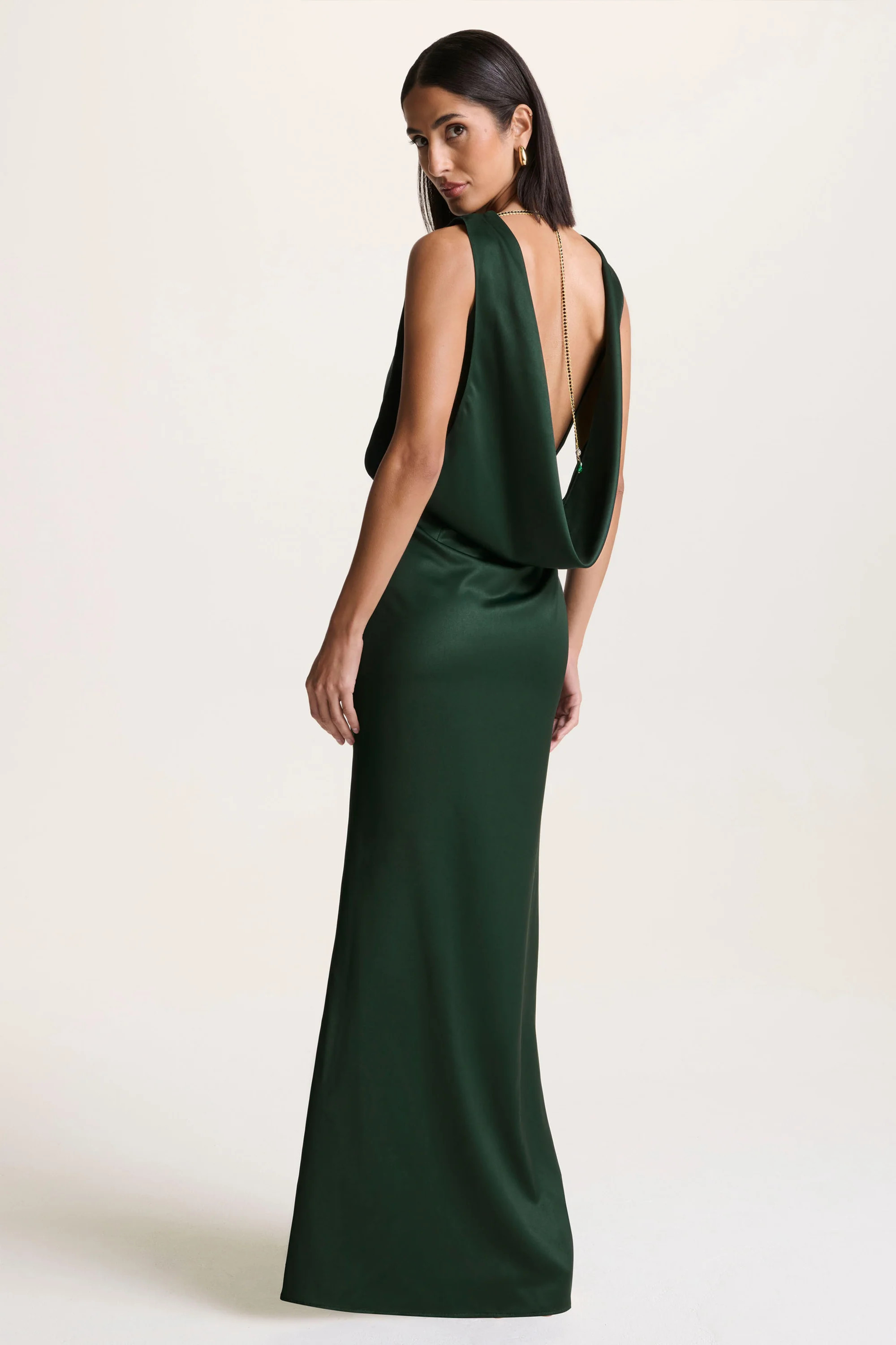 Stacey | Dark Green Slashed-Neck Maxi Dress With Open-Back And Embellished Detail | Club L London
