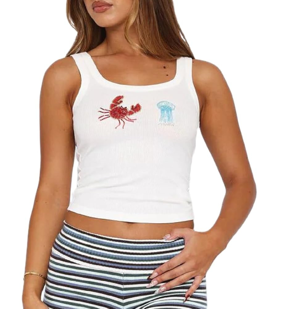 Women Starfish Seashell Tops Sleeveless Sequin Embroidery Beaded Tank Tops Y2k Slim Fit Going Out... | Amazon (US)