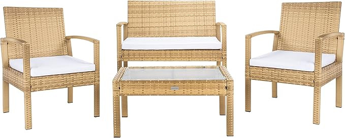 Amazon.com: SAFAVIEH Outdoor Collection Bassey Natural/White Cushion 4-Piece Conversation Patio S... | Amazon (US)