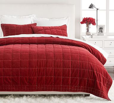 Velvet Handcrafted Box Stitch Quilt & Shams - Ruby | Pottery Barn (US)