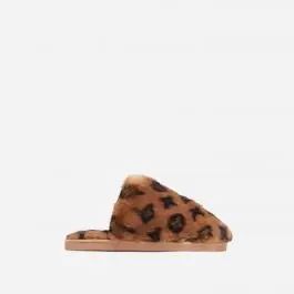 Kulture Fluffy Printed Detail Flat Slipper In Tan Brown Faux Fur | EGO Shoes (US & Canada)