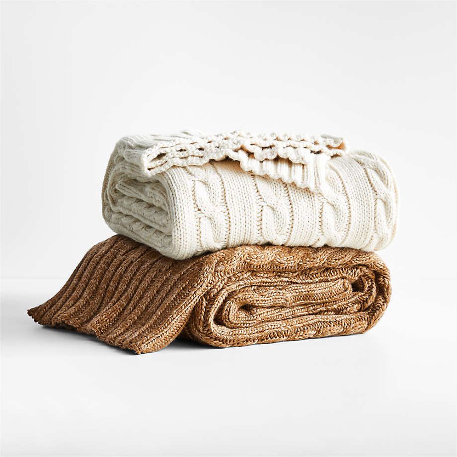 Alabaster Beige Cozy Cable Knit 70"x55" Decorative Throw Blanket + Reviews | Crate & Barrel | Crate & Barrel