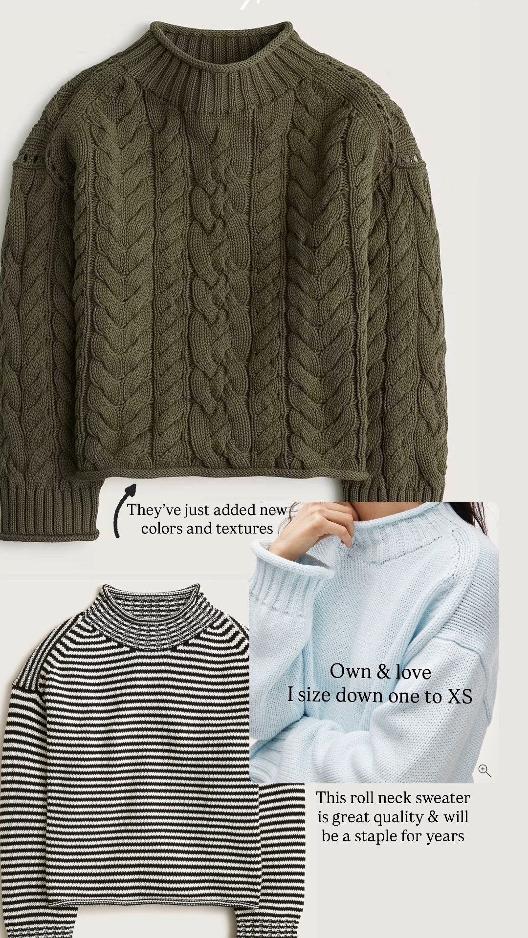 @jcrew roll neck sweater. Now in new colors/texture 

These will last season over season 

I size done one to XS

#LTKootd #LTKOver40 #LTKmomlife