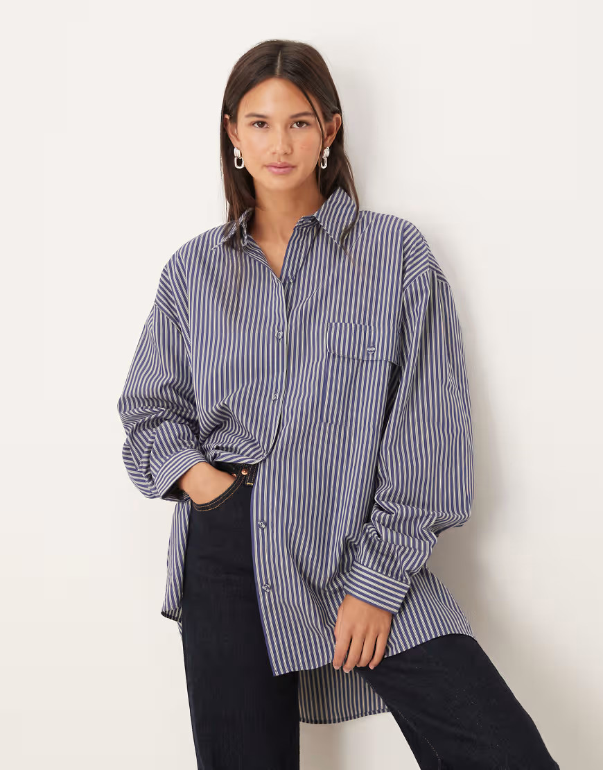 VRG GRL oversized pinstripe shirt in blue | ASOS (Global)