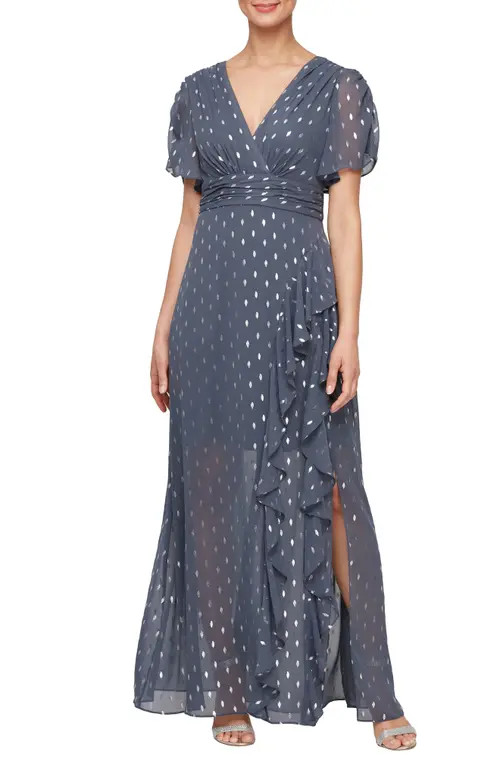 SL FASHIONS Foil Print Dress in Steel at Nordstrom, Size 18 | Nordstrom