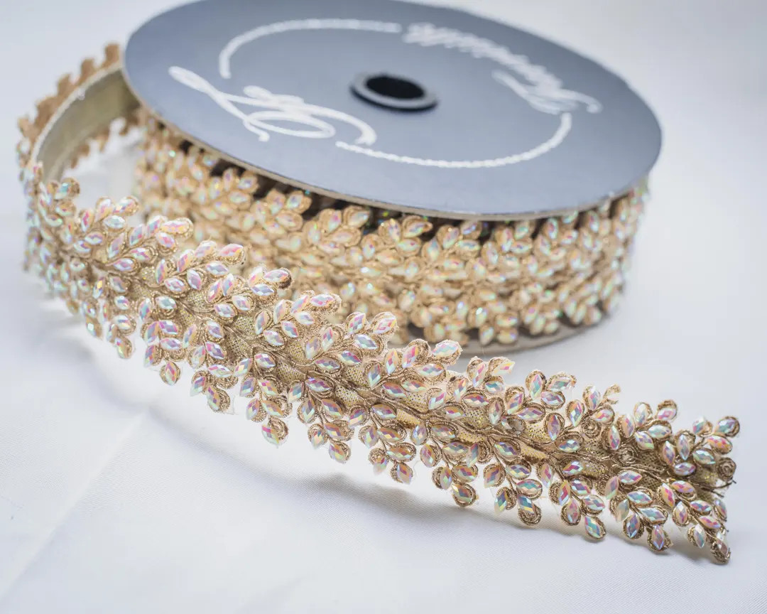 Iridescent Sparkling Jewel Ribbon, Designer Christmas Ribbon, Gold Bejewed Ribbon, Wired Christma... | Etsy (US)