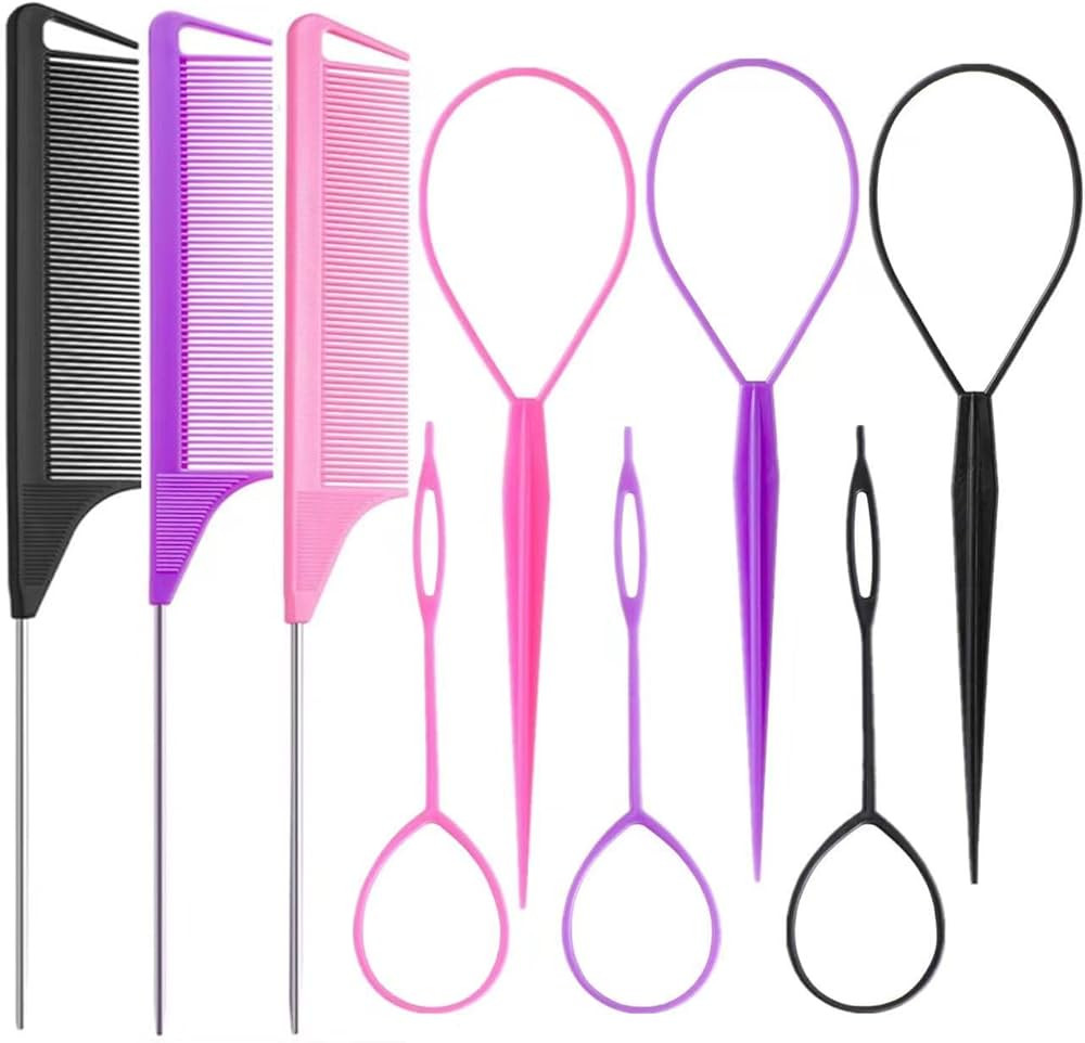 Luumxai 9pcs Topsy Hair Tail Tool and rat tail comb set,6pcs French Braiding Tool ring,3Pcs Metal... | Amazon (US)