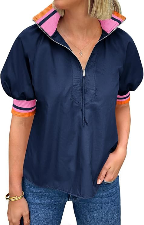 Tankaneo Womens Puff Sleeve Tops Blouse Color Block Half Zip V Neck Pullover Trendy Summer Casual... | Amazon (US)