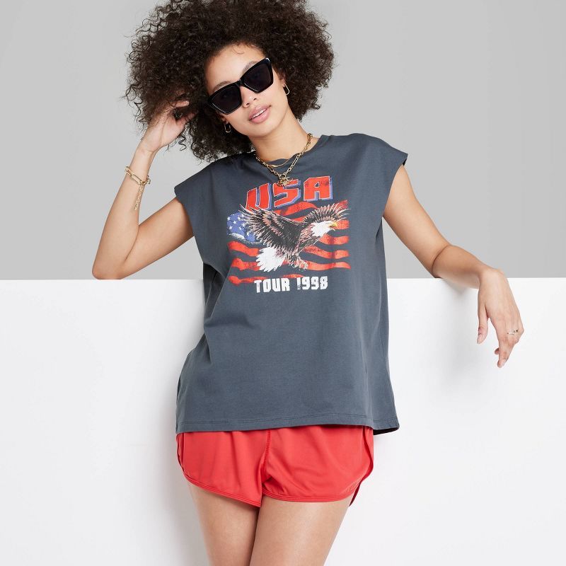 Women's Ascot + Hart USA Eagle Muscle Graphic Tank Top - Gray | Target