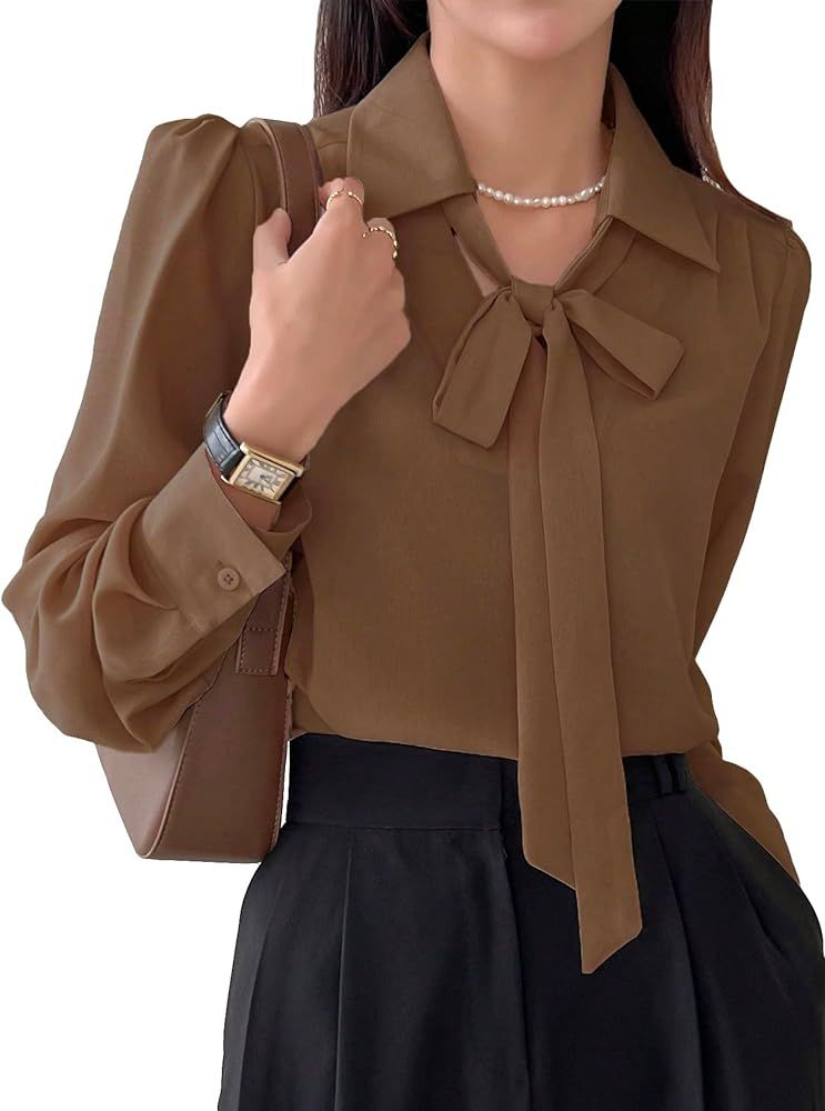 Floerns Women's Elegant Puff Long Sleeve Tie Front Office Work Blouse Top | Amazon (US)