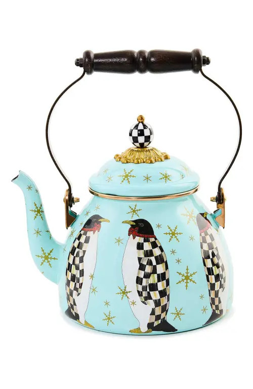 MACKENZIE CHILDS Penguin Parade Enameled Steel 2-Quart Tea Kettle in Blue at Nordstrom | Nordstrom