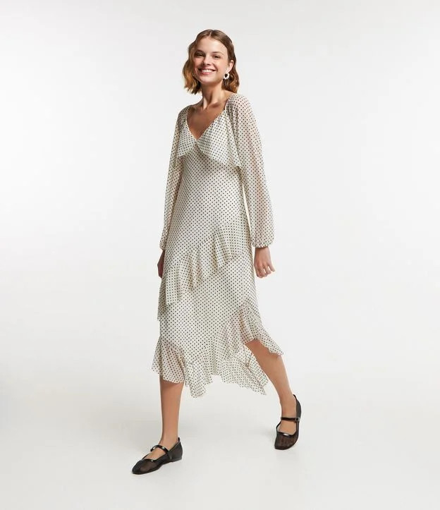 Vestido Midi em Tule com Babados Assimétricos e Estampa Poá Off White | Renner (BR)