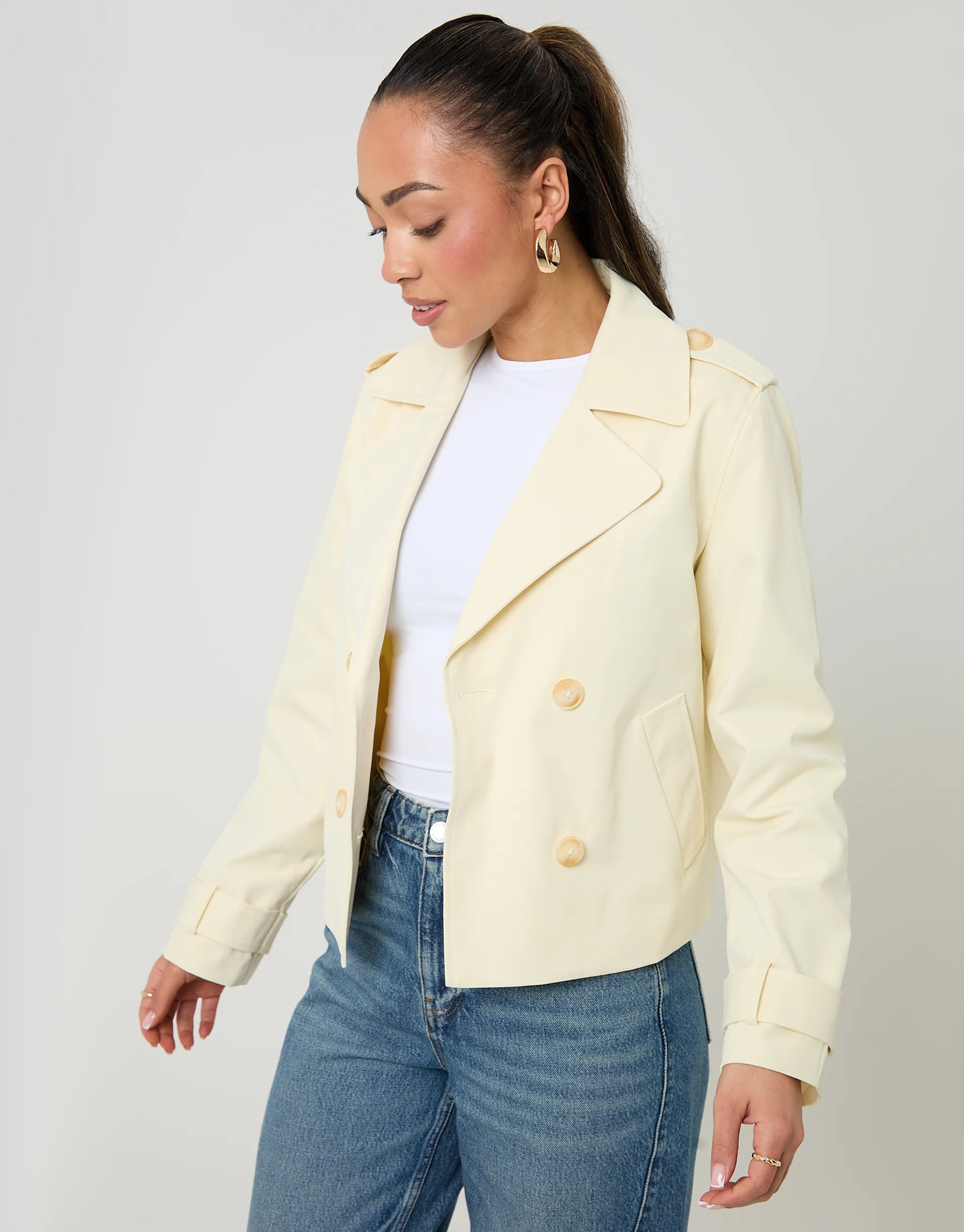 Threadbare Yellow Double Breasted Cropped Trench Coat | Threadbare