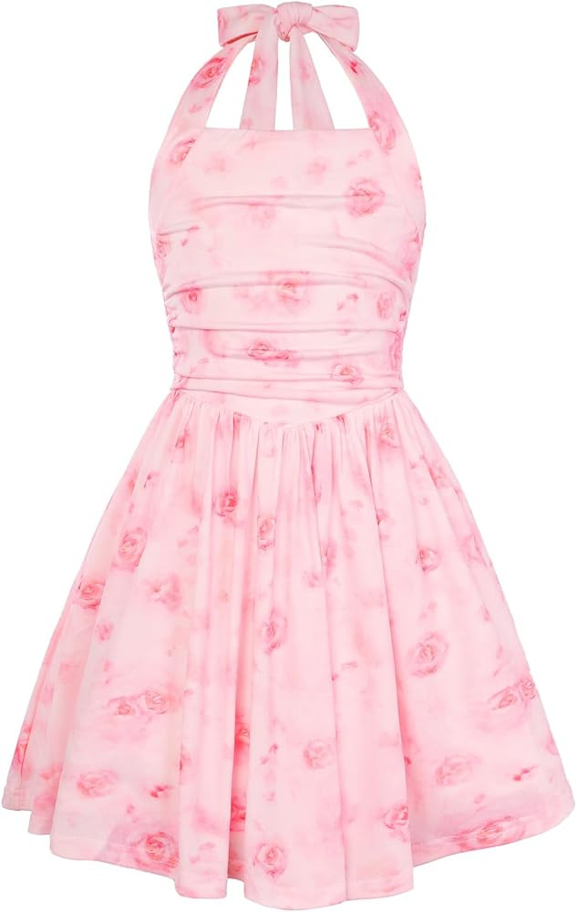 GRACE KARIN Girls Floral Summer Dress Spring Holiday Beach Party Sundress Halter Neck Tie Backles... | Amazon (US)