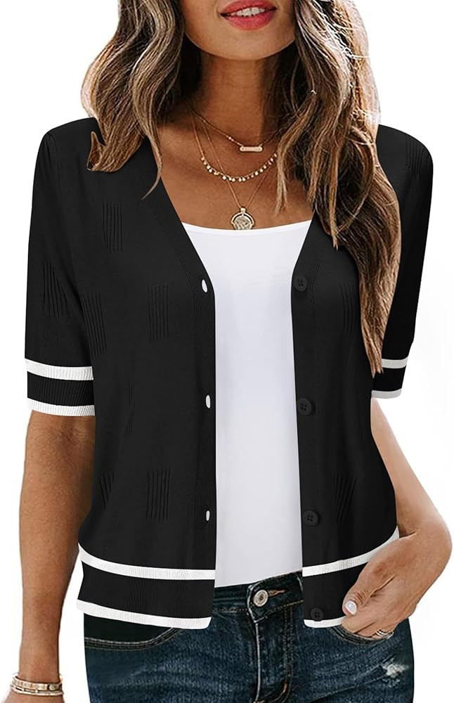 AKEWEI Womens Cardigan Sweaters V Neck Short Sleeve Lightweight Knit Cropped Cardigans Bolero Shr... | Amazon (US)